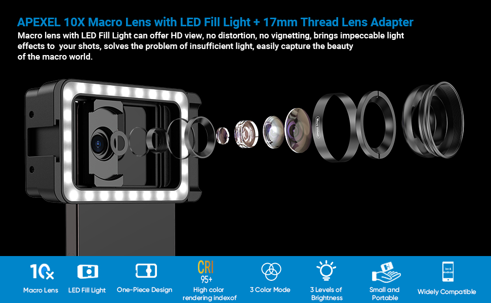 Objectif macro avec lumière de complément LED, objectif macro 10x