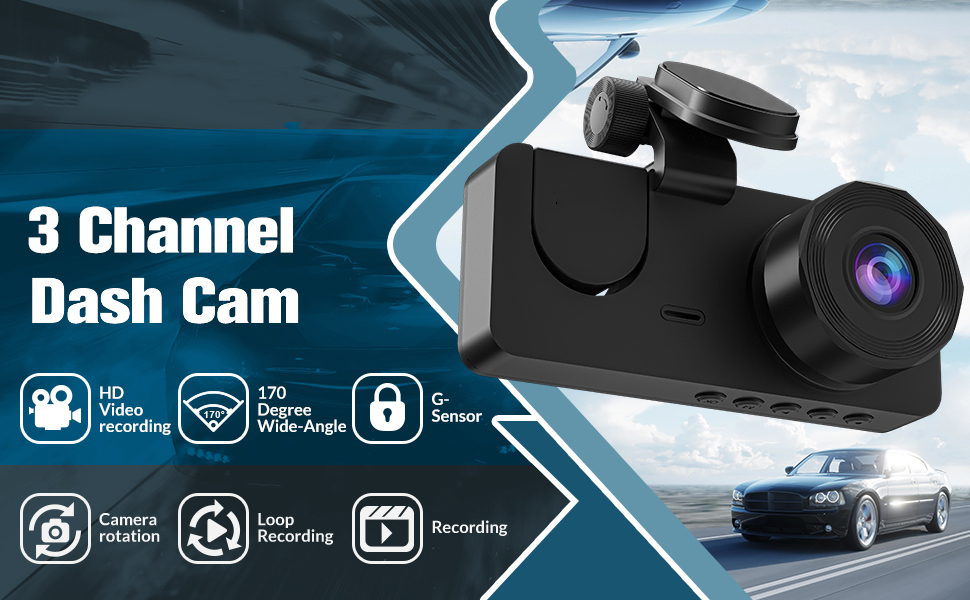 3-Kanal-Dashcam vorne und hinten innen, 1080P Full HD 170 Grad