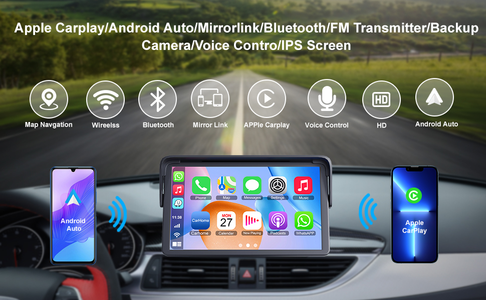 Portable Apple Carplay Screen for Car, 7 Inch IPS Touchscreen Car Stereo  Support Wireless Carplay&Android Auto, AirPlay, Bluetooth, Mirror Link /Mic/TF/USB/AUX for All Vehicles - K&F Concept