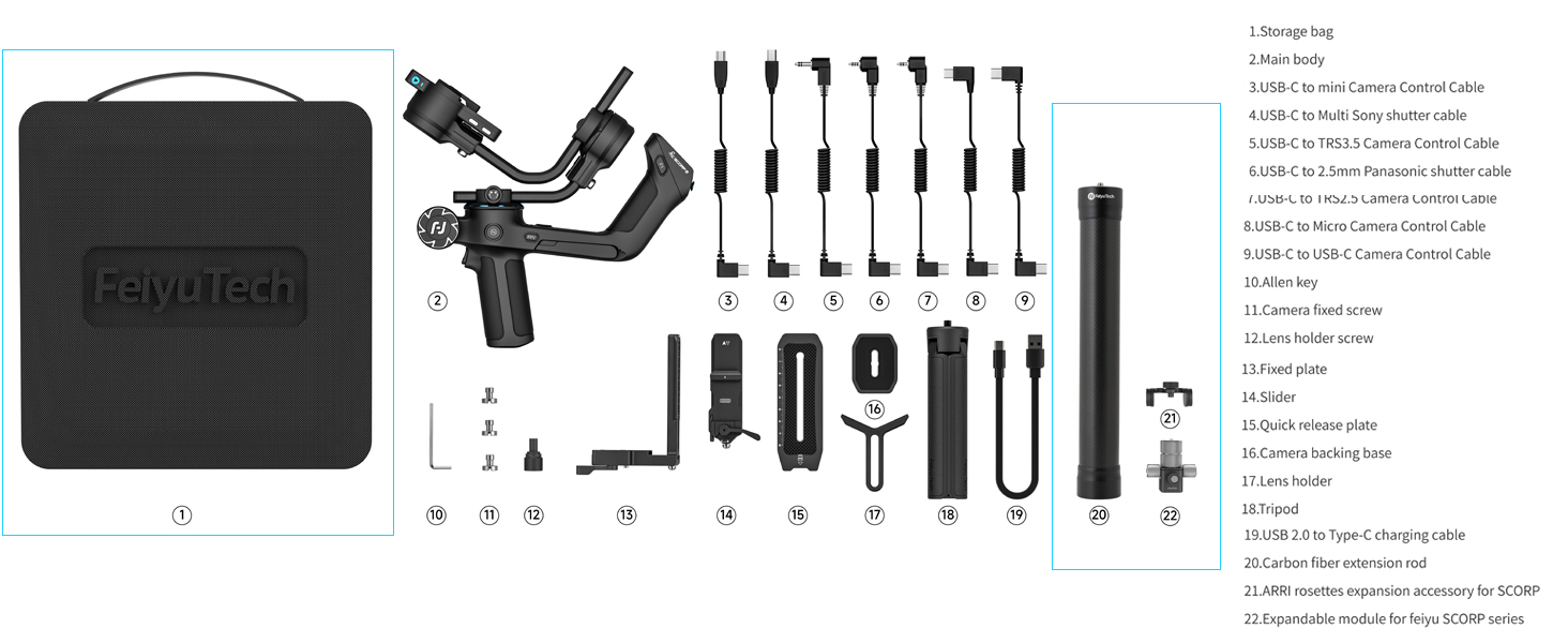 FeiyuTech Scorp 2 Combo Paket mit Aufbewahrungstasche, Kohlefaserverlängerungsstange
